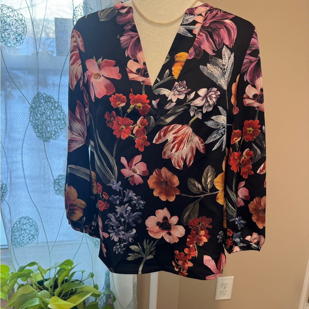 J. Crew Floral V-Neck Blouse - Black and Multicolor